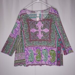 Dressbarn Top Womens 3X Multicolor Stretch Floral Sequin 3/4 Scoop Neck Vtg 90s